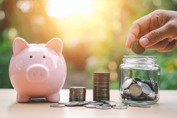 Auf dem Bild ist ein Sparschwein neben einem Glas voller Münzen zu sehen. Eine Hand legt gerade eine weitere Münze hinein – symbolisch für das Zurückbehalten einer Mietkaution. Die Darstellung verdeutlicht den Kautionsrückbehalt, der bei ausstehenden Nebenkostenabrechnungen rechtlich zulässig sein kann.